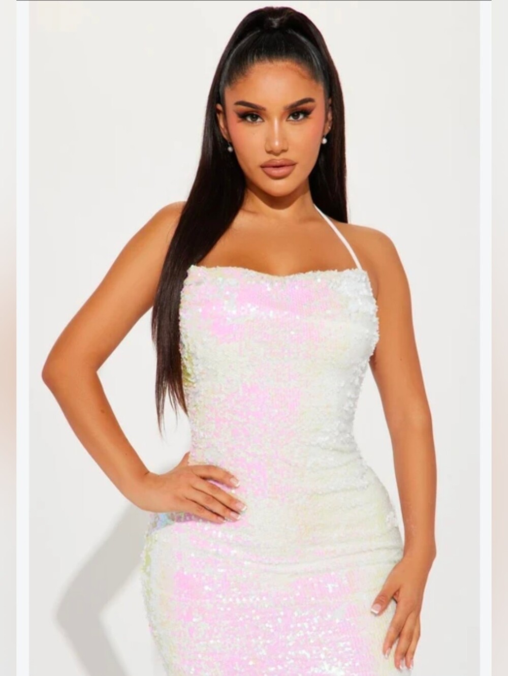 Fashion Nova Iridescent Sequin White Halter Bodycon Dress Size XL